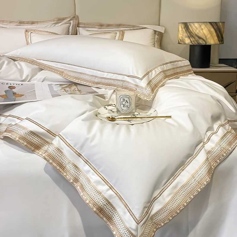 Premium 1000TC Egyptian Cotton Luxury Gold Embroidery Hotel Style Bedding Set Duvet Cover Flat/Fitted Bed Sheet Pillowcases 4Pcs D260317