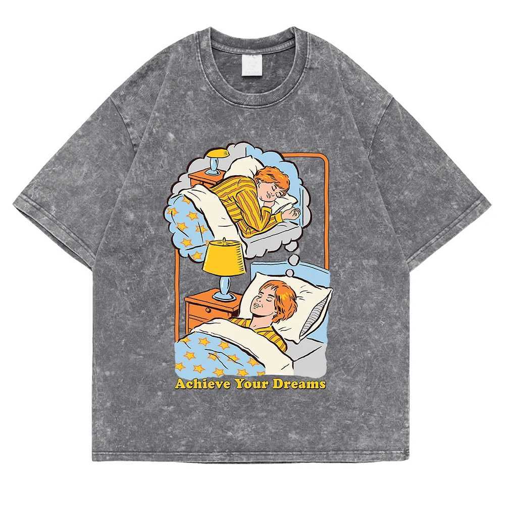 ACHIeve Your Dreams Washed RETRO Men Tshirt Fashion Cotton Tee CloTHes BreaTHable Tshirt Summer Loose Tops Couple M260317