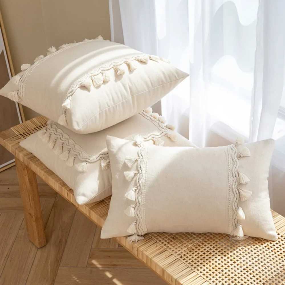 30x50cm 45x45cm Tassel White Throw Pillow Cover Cotton Linen Farmhouse Lumbar Pillowcase Indoor Outdoor Decorative Cushion Cover D260317