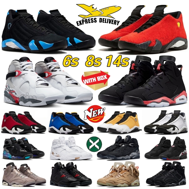 With box 6s 8s 14s Basketball shoes for men women trainers 6 Infrared Salesman Metallic Silver 14 Ferrari Black University Blue 8 Bugs Bunny Aqua Outdoors sports shoe