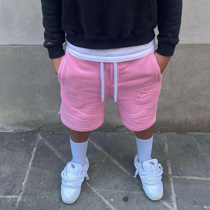 Y2K Harajuku Solid Shorts Man Letter Embossed Pink Sweatpants Hip Hop Retro Casual Stylish Comfortable Shorts Unisex Baggy Pants 260316