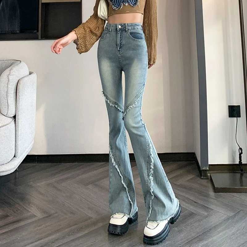 s Chic Raw Edges Straight Leg Flared Jeans Lady High Waist Solid Denim Pants Hot Sale Women Fashion Casual Trousers M260317