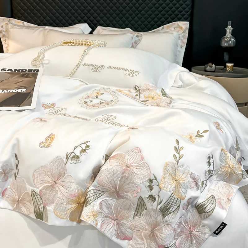 Lyocell Bamboo Fiber Soft Silky Cool Feeling Bedding Set Flower Embroidery Duvet Cover Bed Sheet/Fitted Sheet Pillowcases 4Pcs D260317