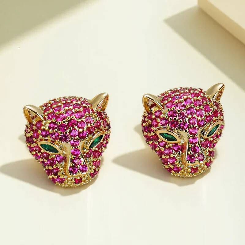 Leopard Domineering Head Stud Earrings For Women Men Gold Silver Color Rose Red White Zircon Hiphop Bar Big Ear & Studs Jewelry
