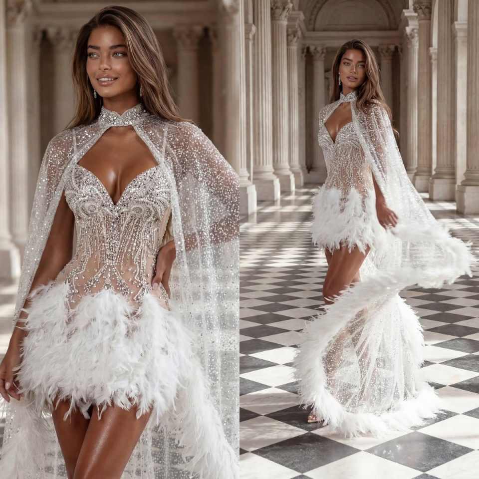 Luxury Short Ball Gowns Dress Sweetheart Glitter Beaded Feather Applique Birthday Party Customized vestidos de novia