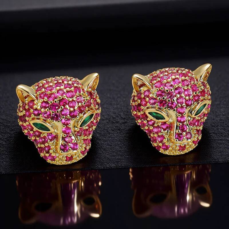Leopard Domineering Head Stud Earrings For Women Men Gold Silver Color Rose Red White Zircon Hiphop Bar Big Ear & Studs Jewelry