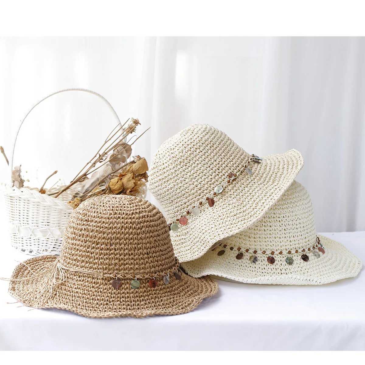 Girl New fashion Style bucket hat Multicolor Foldable Sun Crochet Hat For Beach Travel And Vacation handmade straw hat H260317 - view 6