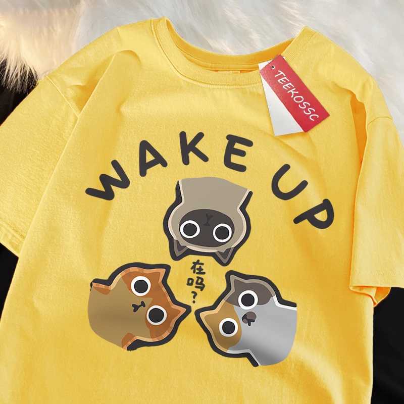 Wake Up 3 Onlookers Of Cats Japanese Style Menswear Cotton Tee Clothes T-Shirts Oversized Quality Shirts Fashion Crewneck Tshirt M260317