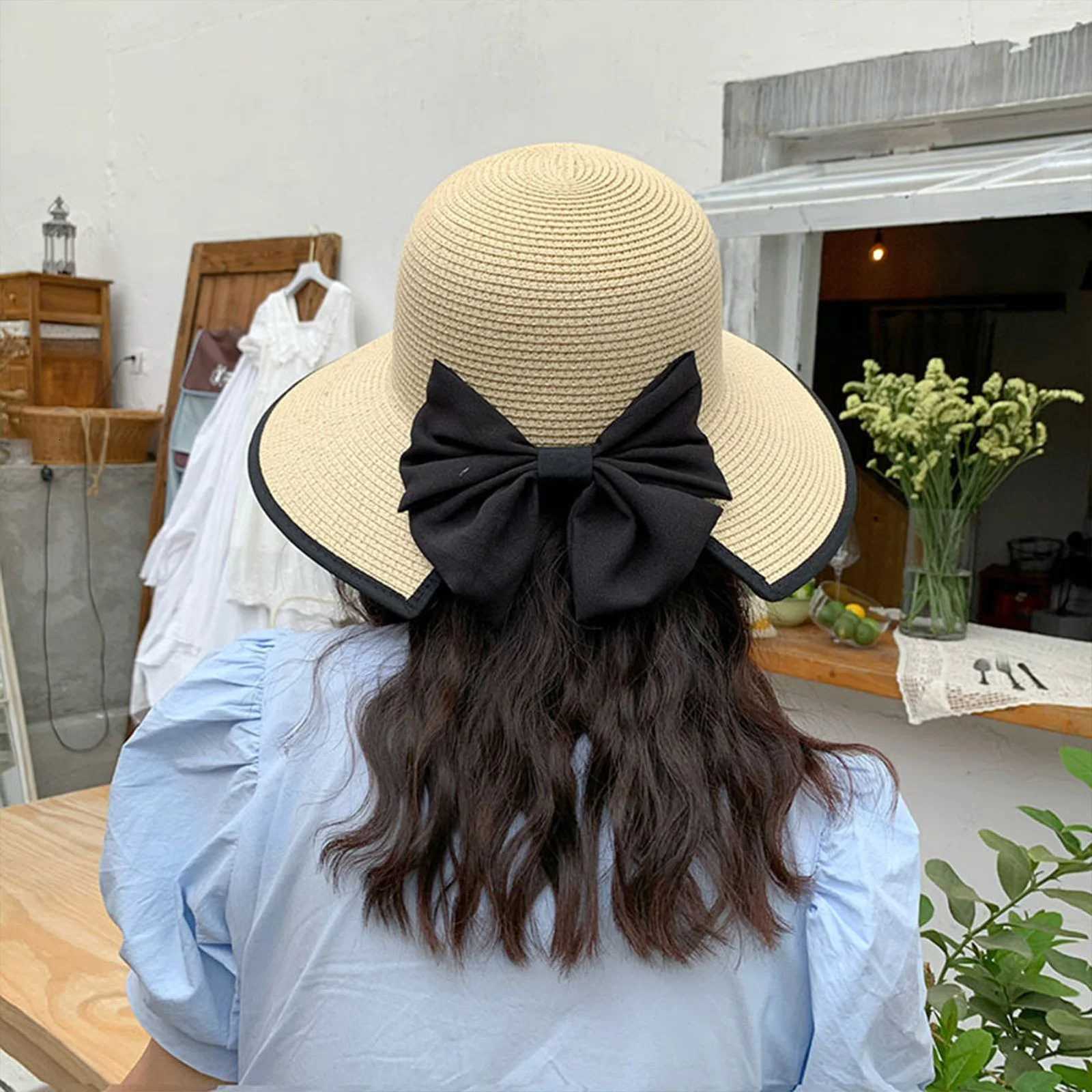 Womens Wide Brim Straw Hat with Bowknot Summer Straw Sun Hat Beach Vacation Sun Protection Hats for Outdoor Travel Photography H260317 - view 3