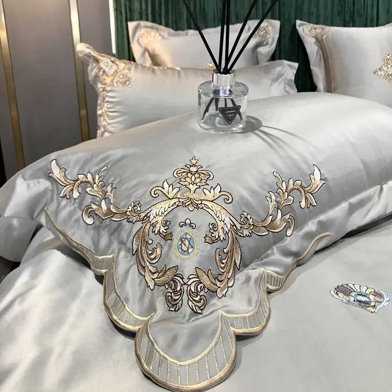 European style Egyptian 100 Cotton Bedding Set Golden Embroidery Home Textiles Duvet Sheet Pillowcases Set Full King Queen Size D260317