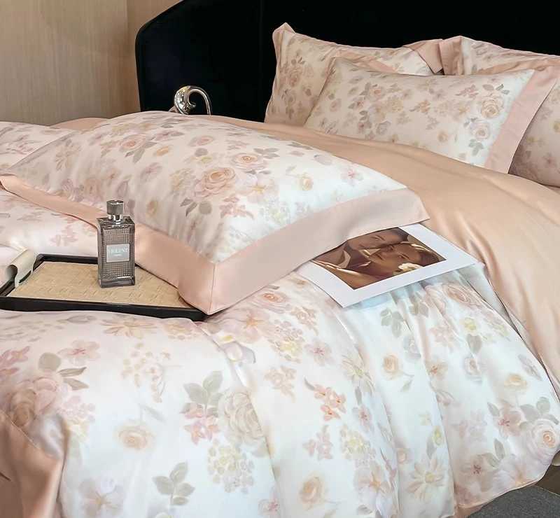 Summer Lyocell Four-Piece Set High-end Pastoral Print Bedding Duvet Cover 200x230 220x240 Naked Sleeping Cool Ice Silk D260317