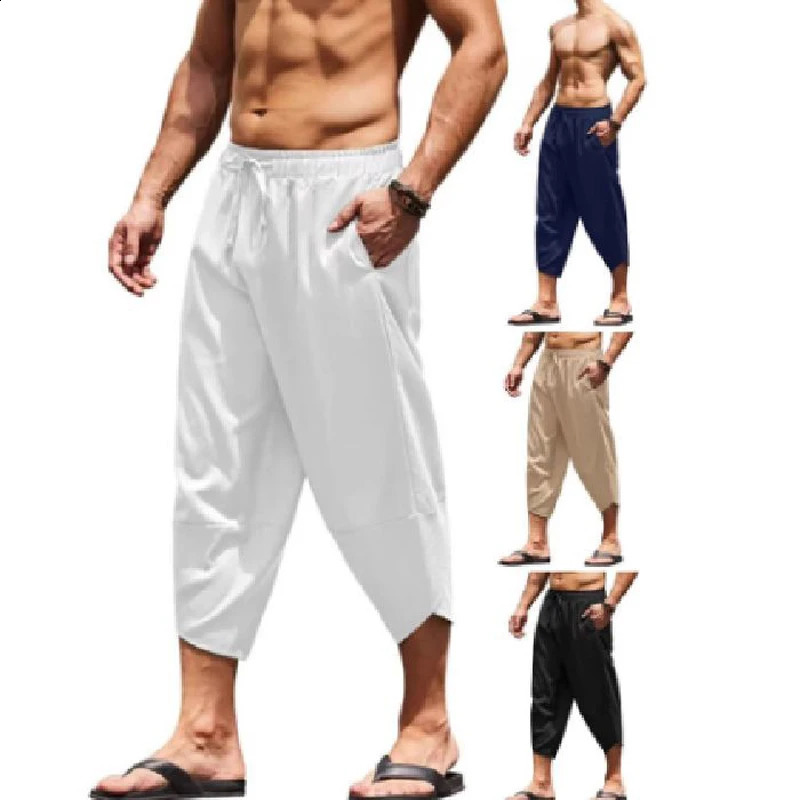 Men Summer Solid Color Pants Harem Shorts Men Elastic Waist Drawstring 3/4 Length Cropped Trousers Baggy Sweatpants260302