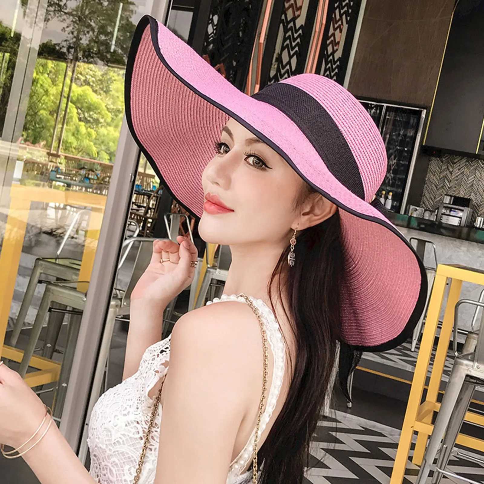 Fashion Ladies Solid Color Woven Wide Brimmed Sun Hat Clothing accessories Summer Elegants Vacation Style Cap big brim Hat H260317 - view 4