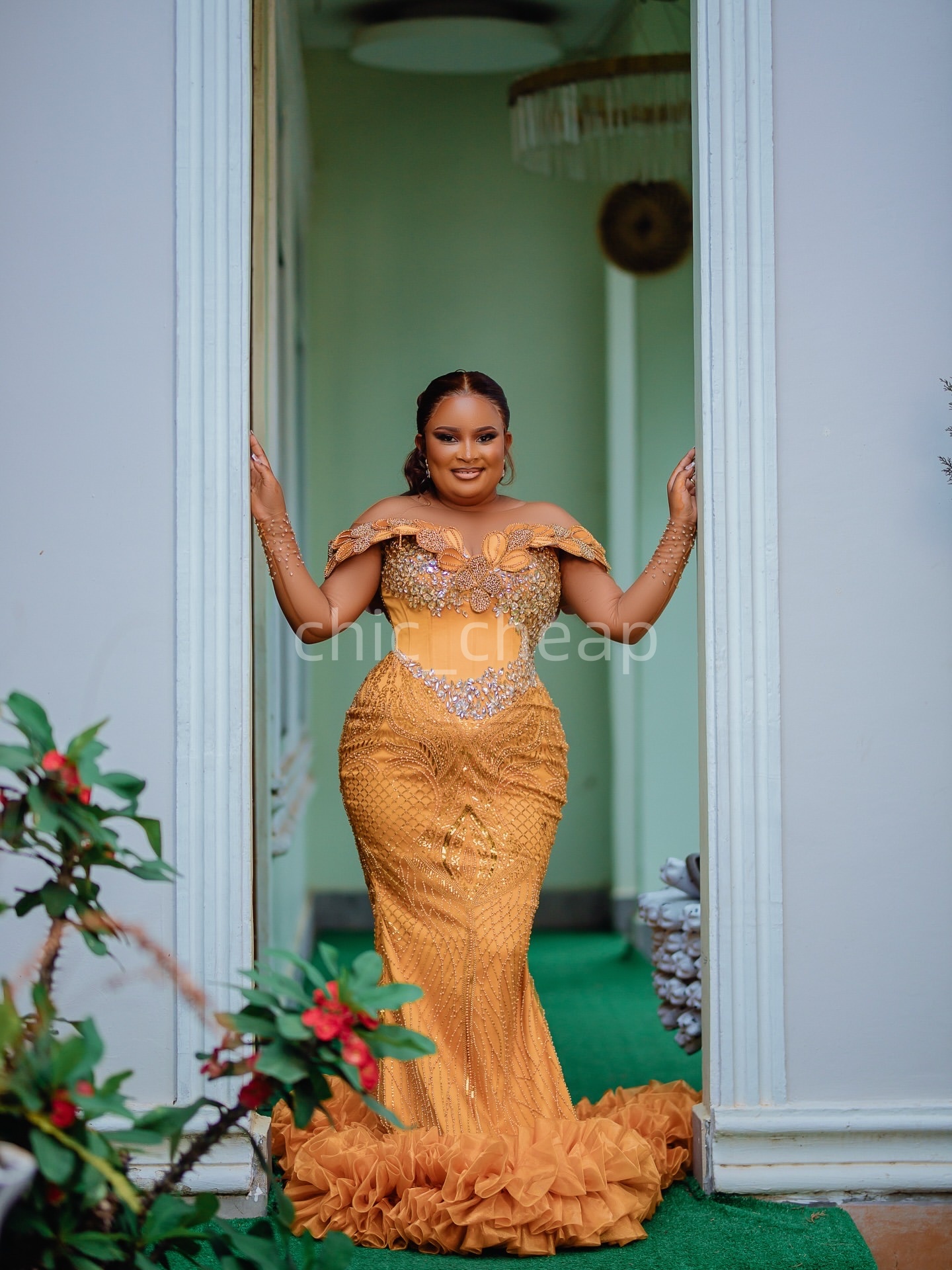 2K26 Gold Prom Dress 2026 Mermaid Prom Dress Florals Crystals Sheer Neck Sequined Evening Dresses Birthday Party Formal Receiption Gowns Dresses ZJ064