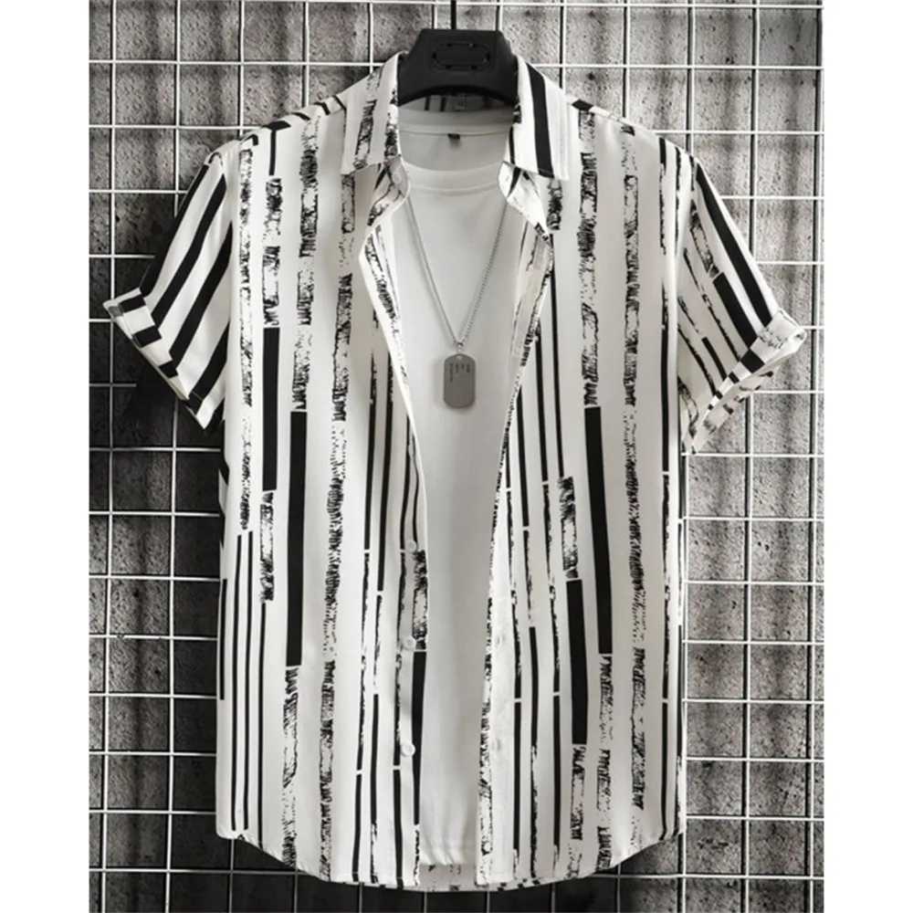 Summer Fashion 3D Print Striped Mens Shirts Basic GraphicsButton Short Sleeve Lapel Streetwear Hawaiian Blouse Shirts for Men M260317
