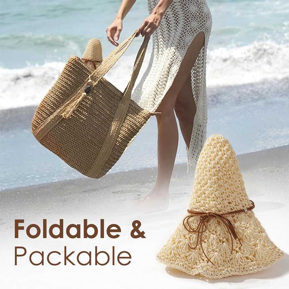 Womens Crochet Straw Hat with Bowknot Wide Brim Summer Sun Hat for Beach Travel Outdoor Activities Breathable Floppy Straw H260317 - view 4