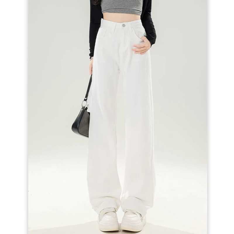 Lady Korean Fashion High Waist Jeans Pants Women Loose Fit Denim Trousers s White Casual Straight Leg Pants M260317