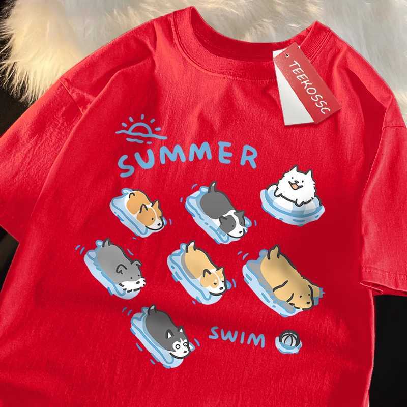 Fun Cat And Dog Swimming Japanese Style T-Shirt Female Casual Loose T-Shirts Summer Cotton Tops Fashion Breathable Tee Clothing M260317