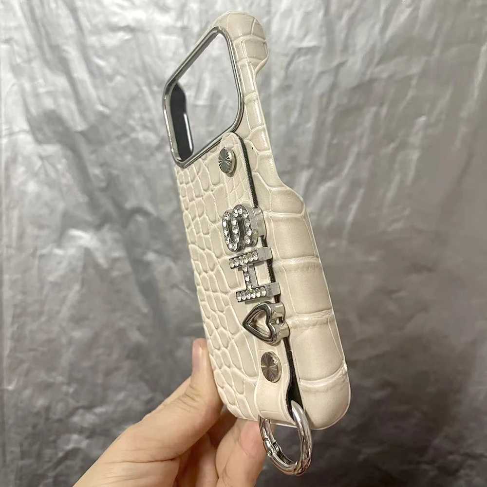 Holding Strap Personalised Cust Name Silve Metal Letters Leather Phone Case For Iphone 14 13 12 11 Pro Max 16prax Cover C260314