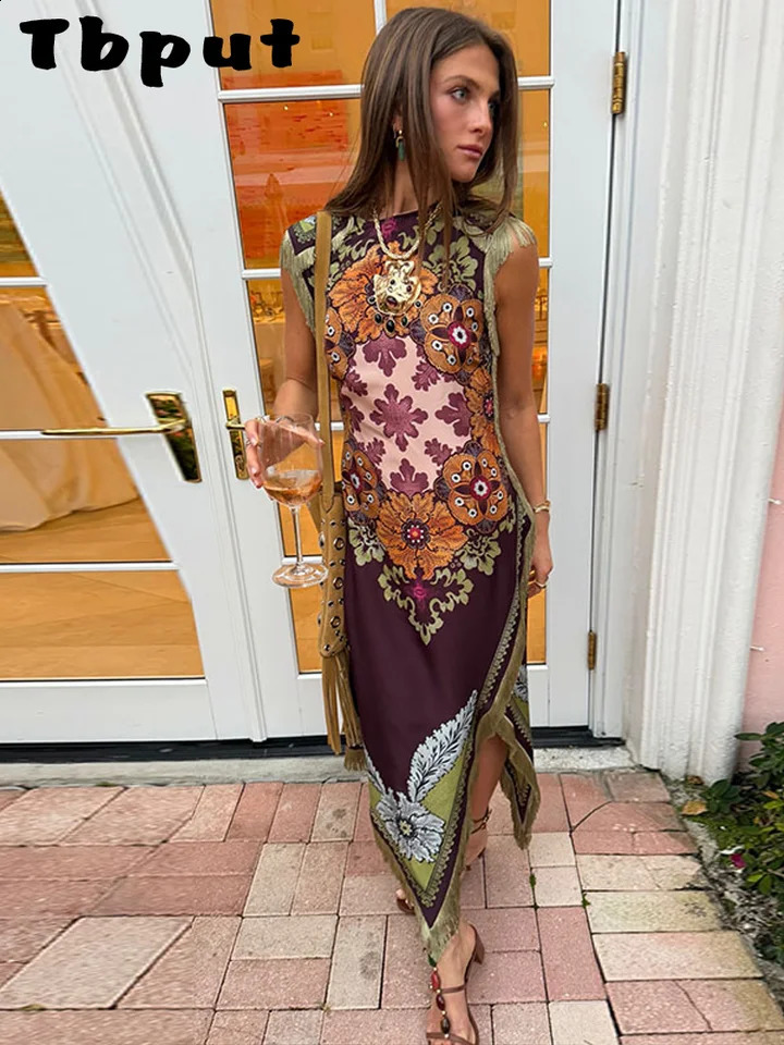 Elegant Printed Womens Dress Fringed Sleeveless Slim Irregular Lady Dresses 2026 Spring Summer Chic Female Holiday Robe 260312