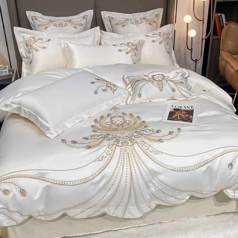 Luxury Gold Feather Embroidery Egyptian Cotton Champagne/Light Yellow Patchwork Duvet Cover Bed Sheet Pillowcases Bedding Set D260317