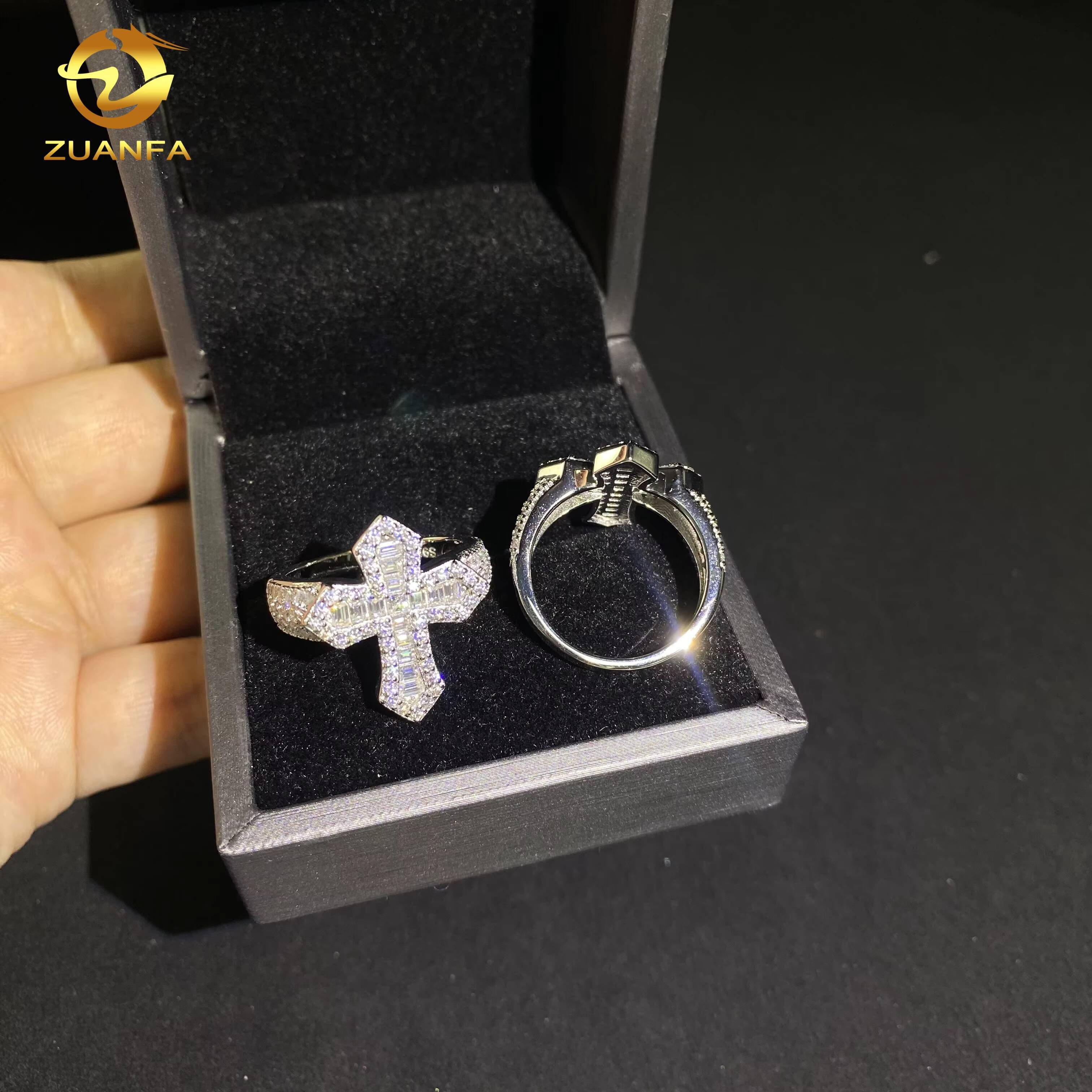 925 Silver Fine Jewelry Iced Out Diamond Ring Custom Hip Hop VVS D Moissanite Baguette Diamond Cross Rings GRA Certificate