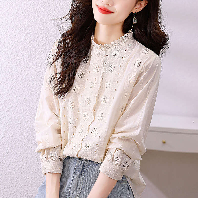 Women's Shirt 2026 Spring New Style Lace Trim Ruffle Collar Apricot Top Long Sleeve Embroidered Floral Pure Cotton Blouse