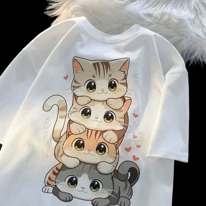 Cute Cartoon Cat Print Womens Round Neck Short Sleeved T-shirt Casual Loose Versatile Summer Tshirt M260317