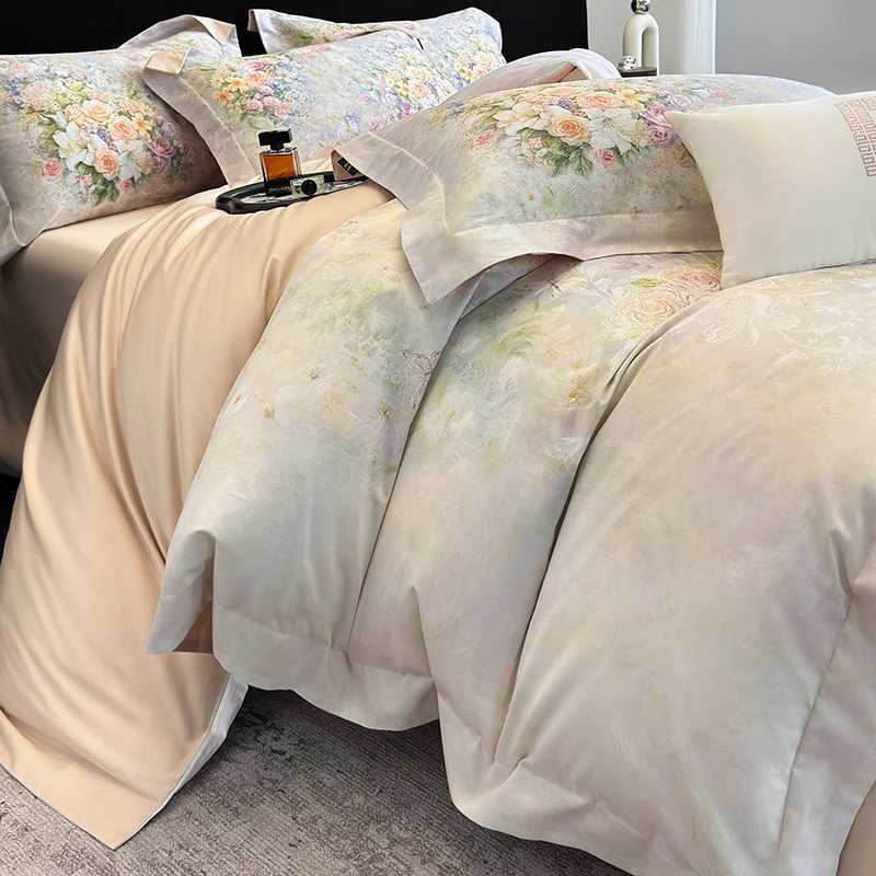 1000TC Egyptian Cotton Blooming Flowers Prints Luxury Queen King Size Bedding Set Duvet Cover Flat/Fitted Sheet Pillowcases 4Pcs D260317