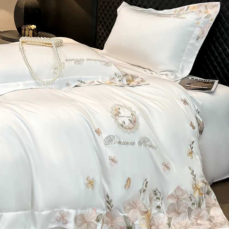 Lyocell Bamboo Fiber Soft Silky Cool Feeling Bedding Set Flower Embroidery Duvet Cover Bed Sheet/Fitted Sheet Pillowcases 4Pcs D260317