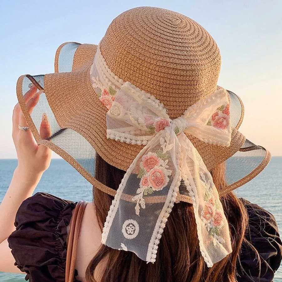 Ladies flower ribbon sun hat for beach vacation sweet sun hat for summer big brimmed straw hat H260317 - view 3