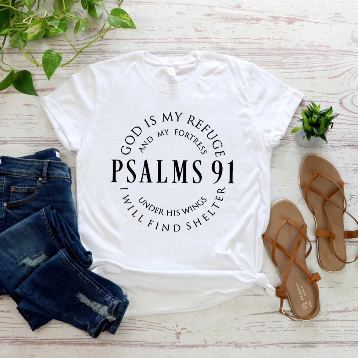 God Is My Refuge Psalms 91 Christian Shirt Christ Jesus Shirts Womens T-shirts Short Sleeve Religious Tshirt Jesus Love Tees M260317