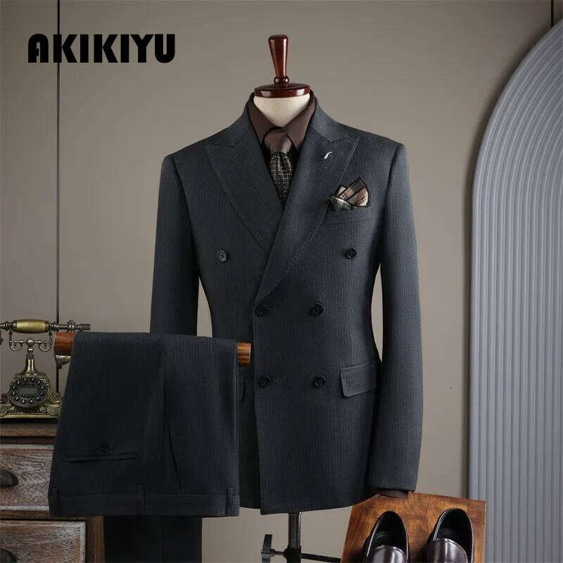 High Quality Mens Formal Business Slim Fit Double-Breasted Striped Suit Set Groom Wedding Dress Party Tuxedo Men's Clothing AKIKIYU
