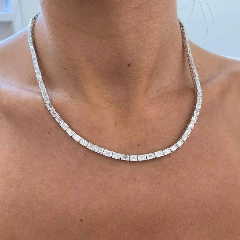 Elegant Trendy 2209ct E VS1 Emerald Cut Lab Grown Diamond Unisex Choker Necklace 14K White Gold Plated Prong Setting IGI