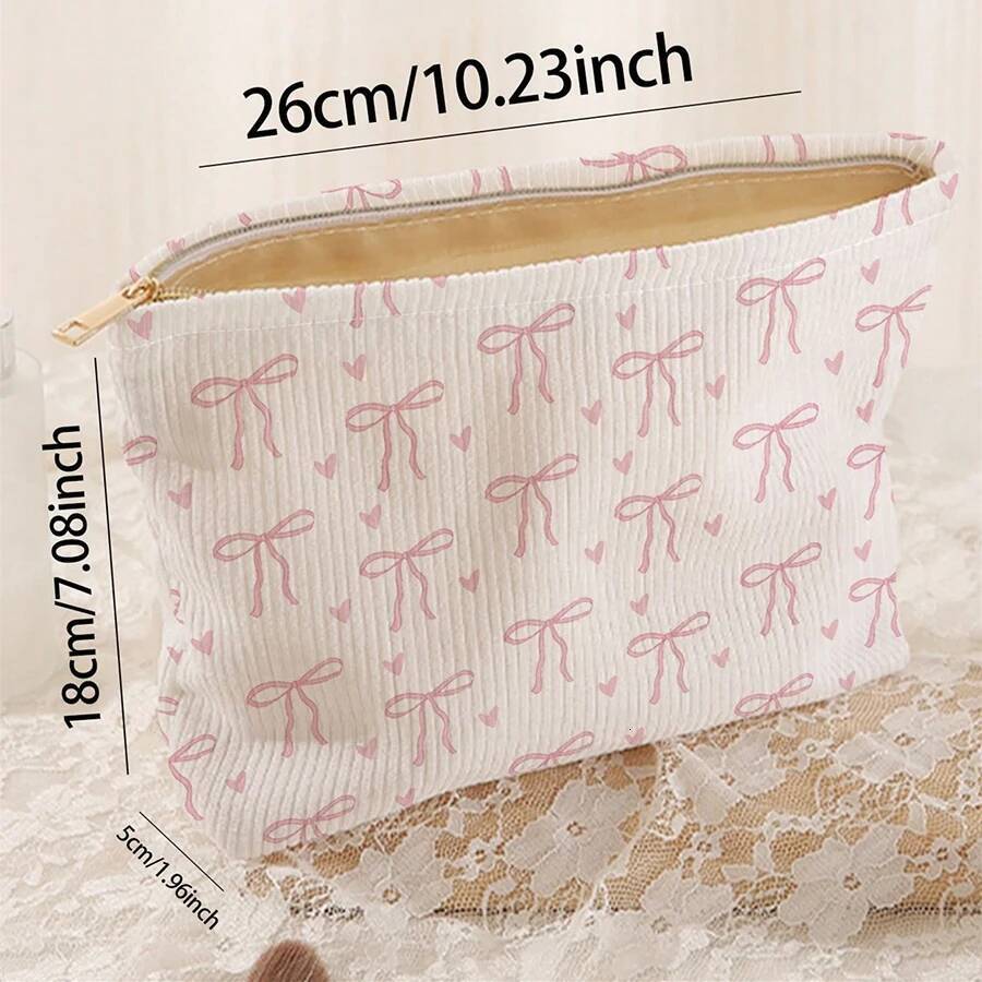 & Designed Minimally Pink Bow Pattern Printed Corduroy Zipper Makeup Bag Lightweight And Multifunctional Cosmetic Storage Bag