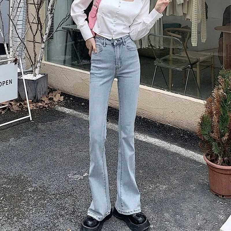 2024 Woman High Waist Vintage Flare Jeans Female Elastic Bell Bottom Pants s Black Brown Deep Blue Light Blue Denim Trousers M260317