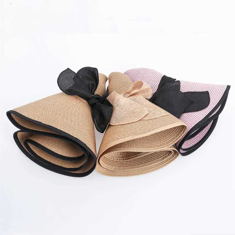 15CM Wide Brim Beach Straw Hats For Women Simple Foldable Summer Outing Sun Hat Fashion Flat Brom Bowknot Uv Protection Panama H260317 - view 6