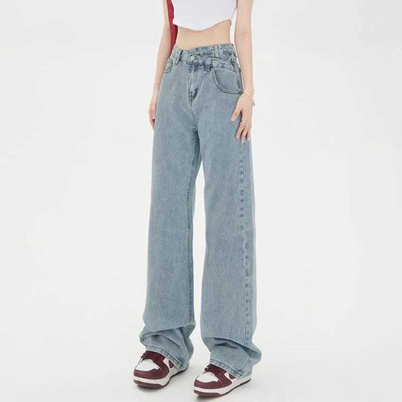 2025 Woman Ins Fashion Cross High Waist Jeans s Streetwear Basic Straight Leg Pants Lady Solid Baggy Wide Leg Denim Trousers M260317