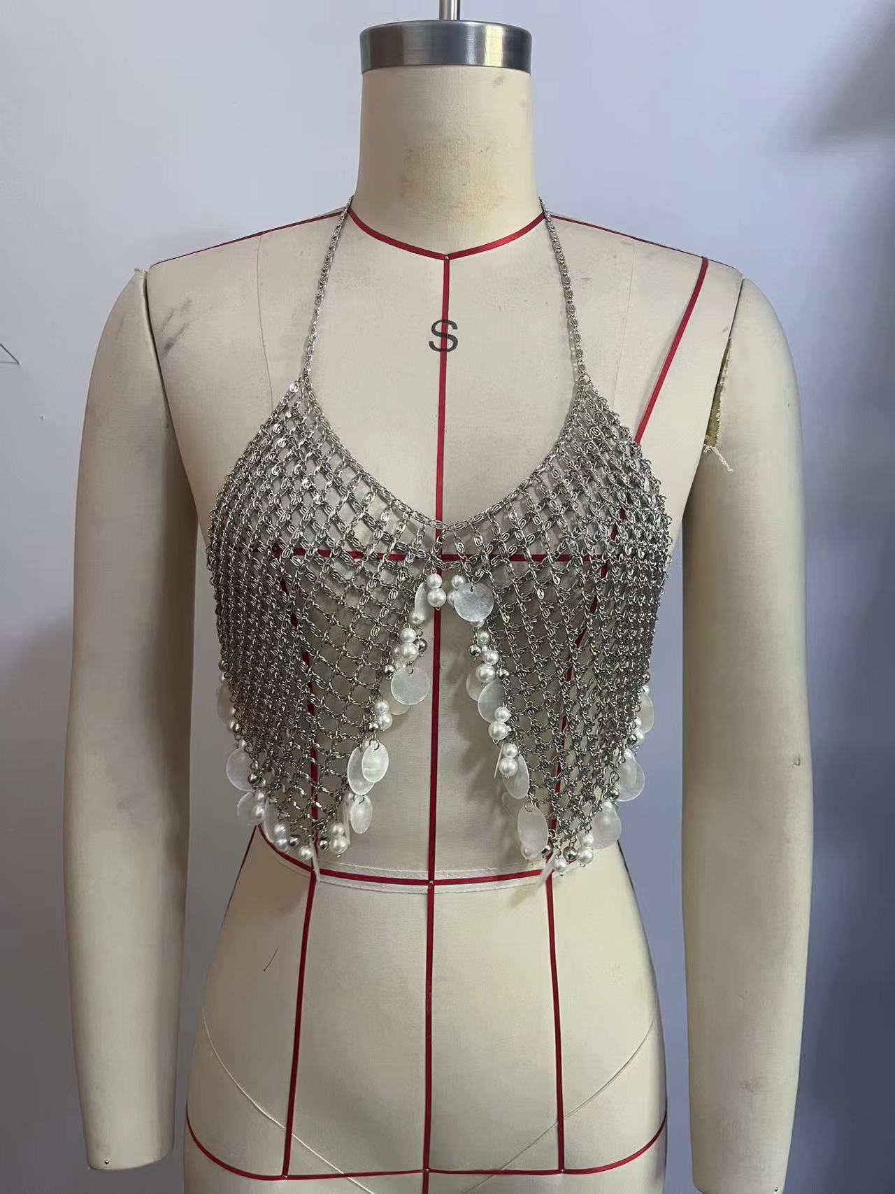 Stage Wear Sequin Circle Tassel Alloy Pendant Body Chain Vest Tank Top Chest Chain