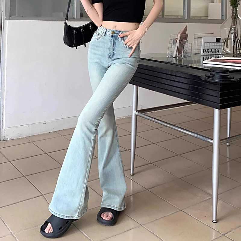 2025 s High Waist Flared Jeans Pants Women solid Bell Bottom Denim Trousers Lady Retro Fashion Straight Leg Pants M260317