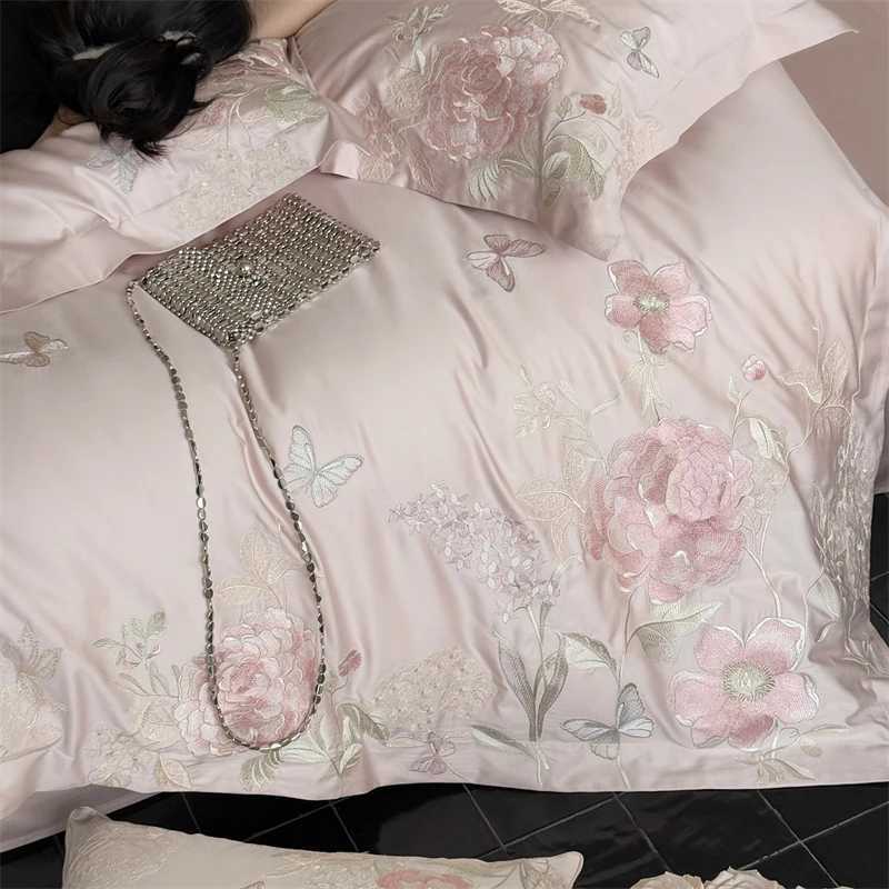 Premium 600TC Egyptian Cotton Luxury Flowers Butterfly Embroidery Pink Bedding Set Duvet Cover Flat/Fitted Sheet Pillowcase 4Pcs D260317