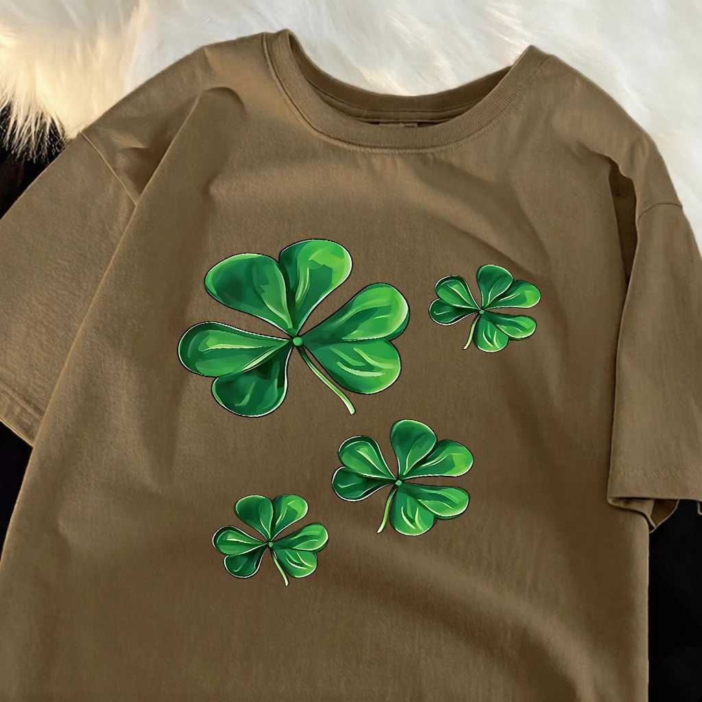 Green Four Leaf Clovers Pattern Man Loose Tee Shirts Casual Cotton T-Shirt Breathable All-Match Top Oversized Basics Sportswear M260317