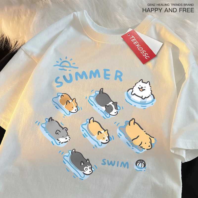 Fun Cat And Dog Swimming Japanese Style T-Shirt Female Casual Loose T-Shirts Summer Cotton Tops Fashion Breathable Tee Clothing M260317