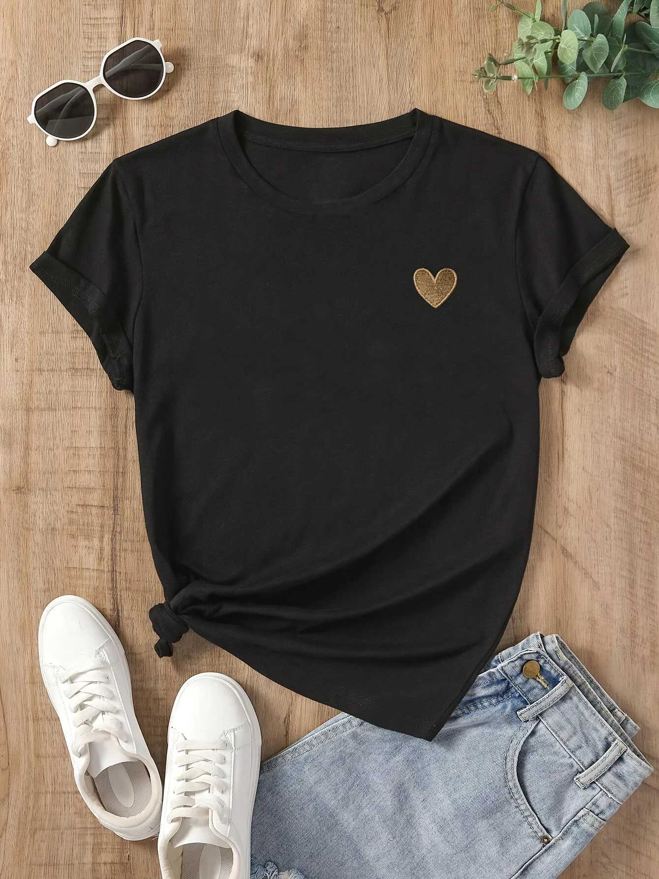 Casual Summer with White Heart Design Womens Embroidered Heart T-Shirt Comfortable Short Sleeve M260317