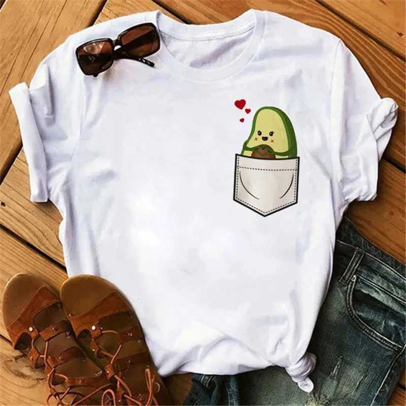 Maycaur New Women T-Shirts Summer Cute Avocado Printed Tops Tees Female T-shirt Short Sleeve White Tshirt for Lady Casual Tops M260317