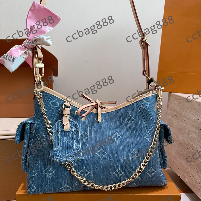 Women Designer Cowboy Denim Carryall Cargo Underarm Shoulder Bag Adjust Strap Crossbody Gold Metal Chain Clutch Tote Sac Street Stylish Multi Pockets Purse 30x20cm