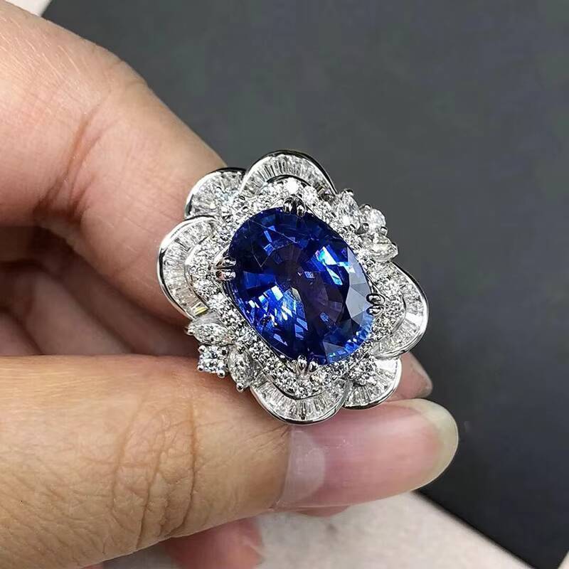 T0998 Flower Cocktail Ring 18K Solid Gold Sapphire Oval Cut Prong Setting Womens Engagement Fine Rings
