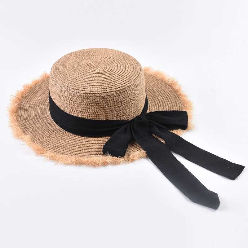 Summer Flat Top Straw Hat For Women Elegant Bow Tie Beach Sun Protection Hat H260317 - view 3