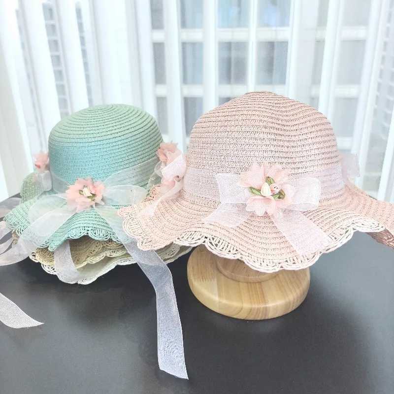 Girls 2pcs Straw Hat Solid Color Outdoor Travel Sun Hat Floral Fisherman Style Childrens Fashion Accessory for Girls H2603171 - view 4
