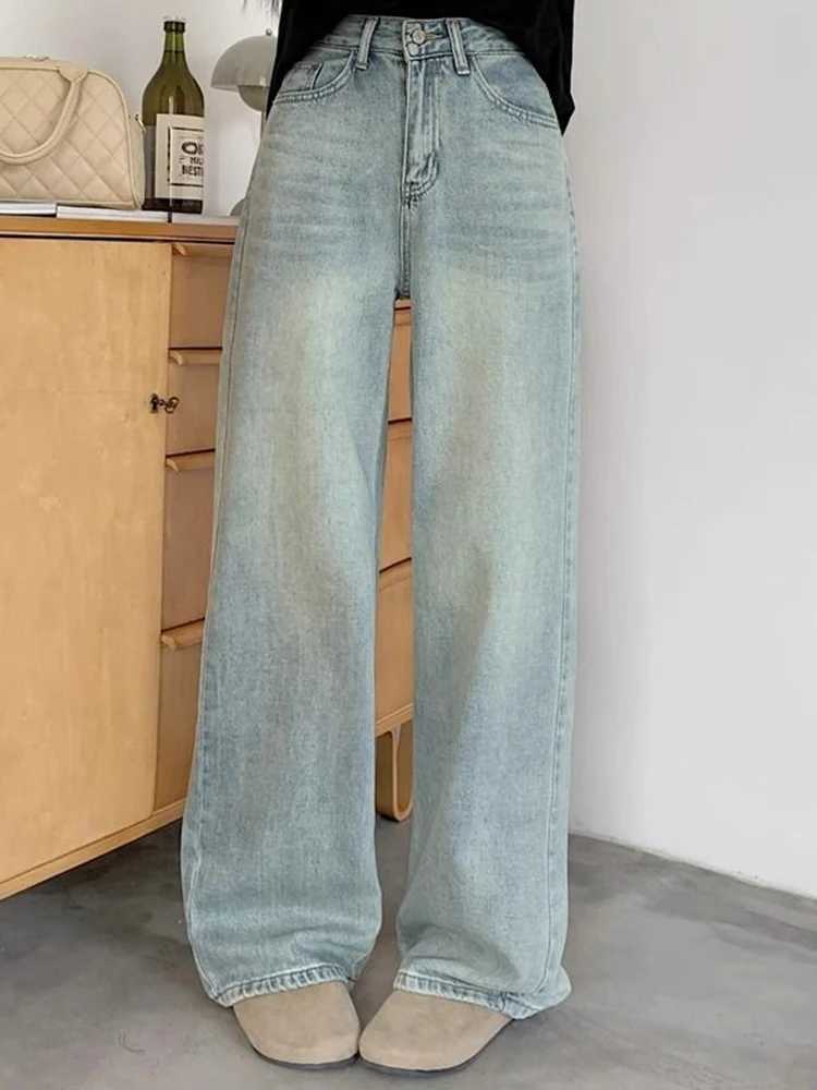 Woman 2024 Spring High Waist Wide Leg Trousers Female Washed Narrow Version Straight Leg Pants Fashion Light Blue Stacked Jeans M260317